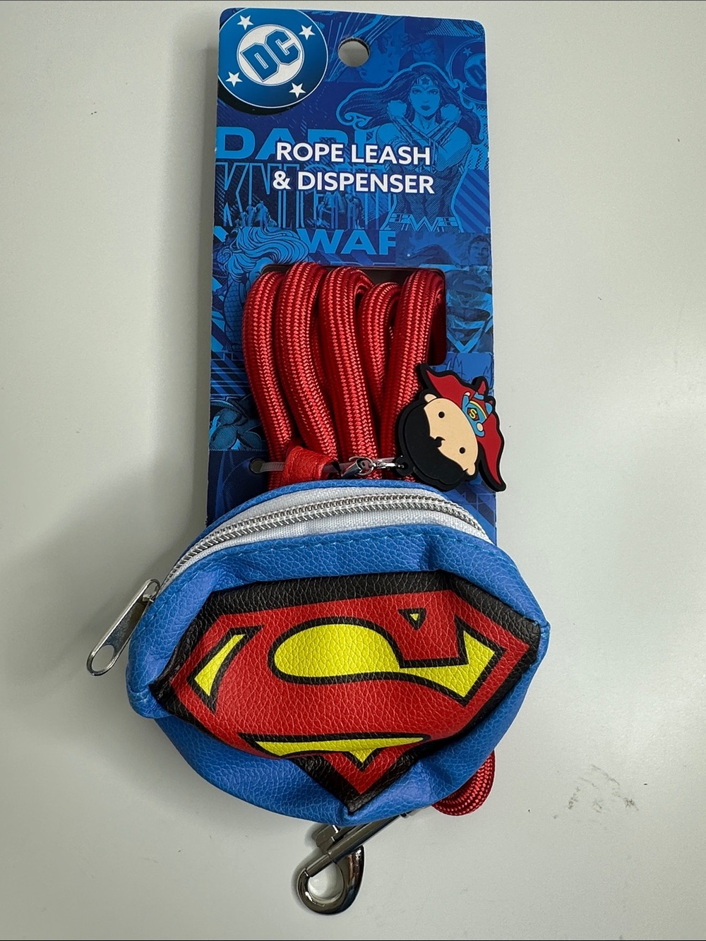 DC Superman Rope Leash with Logo Pouch in Blue, Red, Yellow